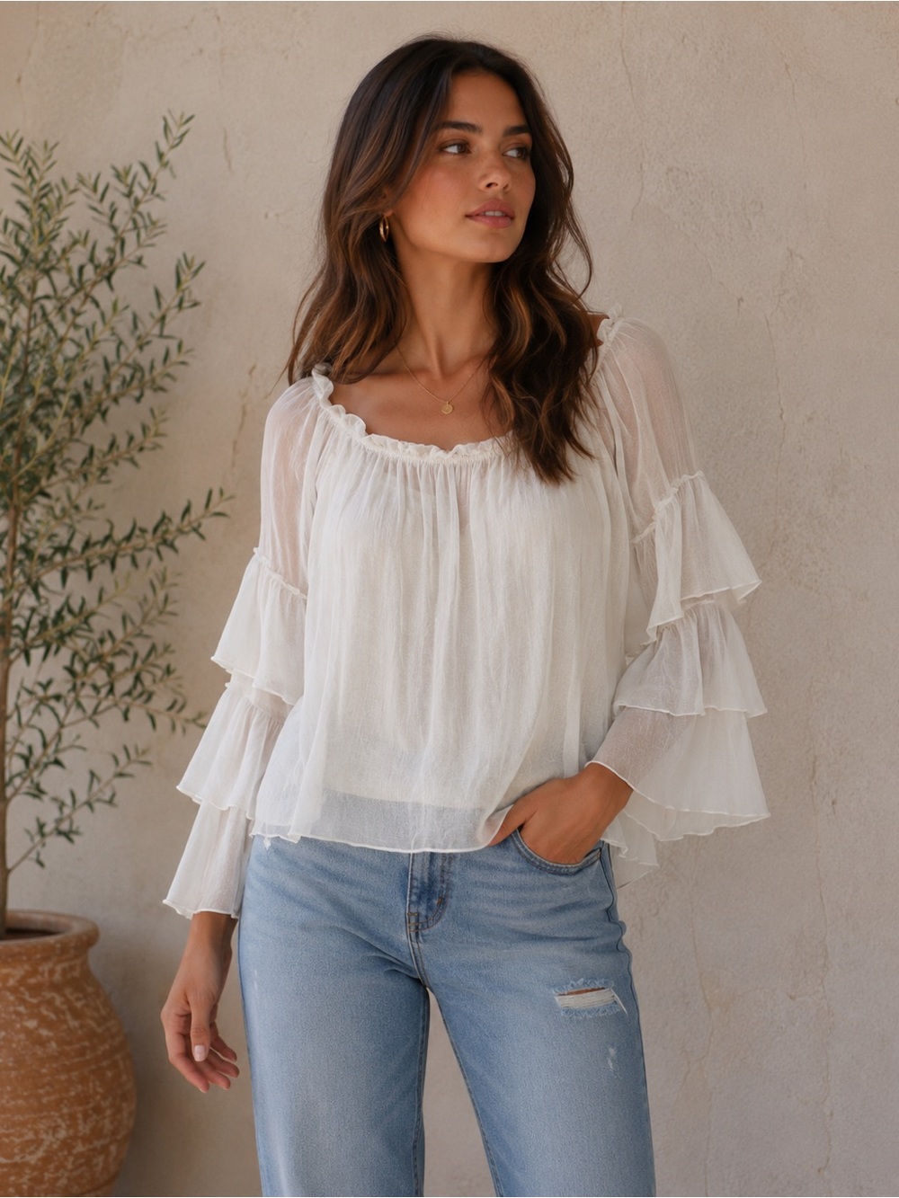 NWT India Boutique White Sheer Boho Peasant Blouse One Size Ruffle Bell Sleeve - Picture 1 of 4